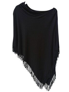CHICOS Womens Fringe Poncho Shawl One Size Black Asymmetrical Knit Sweater Wrap